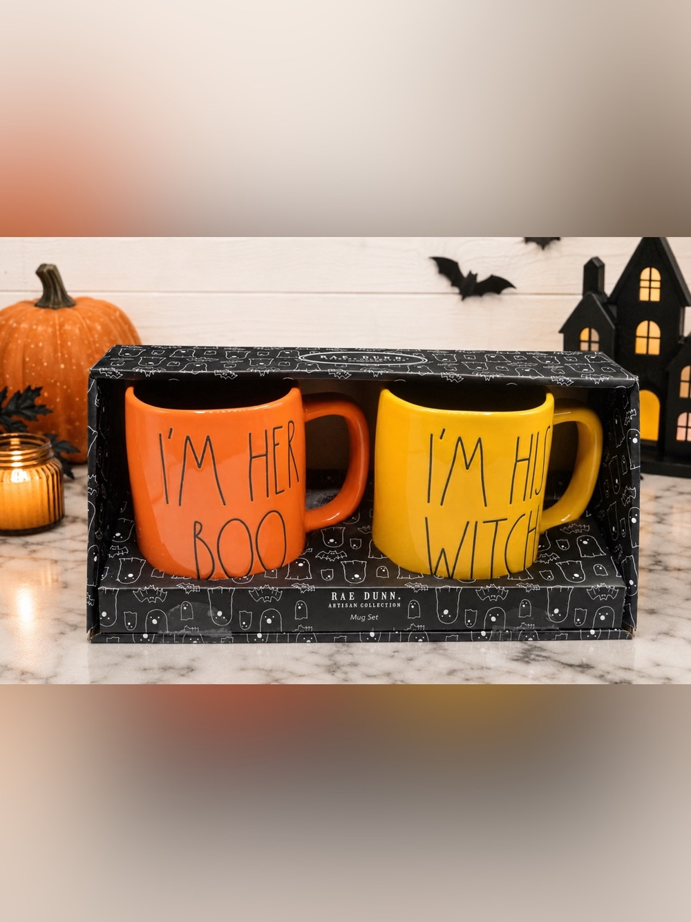 Rae Dunn Halloween Mug Set - Orange & Yellow Ceramic Mugs